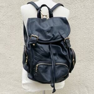 Vintage Y2K Black Faux Leather Backpack Drawstring Flap Closure
